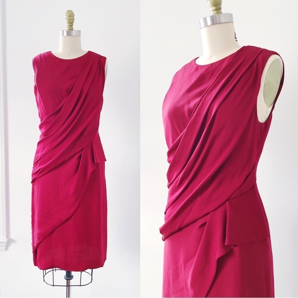 J. Mendel • draped silk chiffon dress red sleeveless sheath designer cocktail